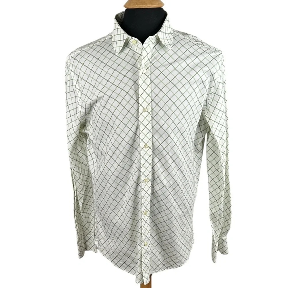 Banana Republic Men's  White & Green Checkered Casual Preppy Business Shirt Sz L